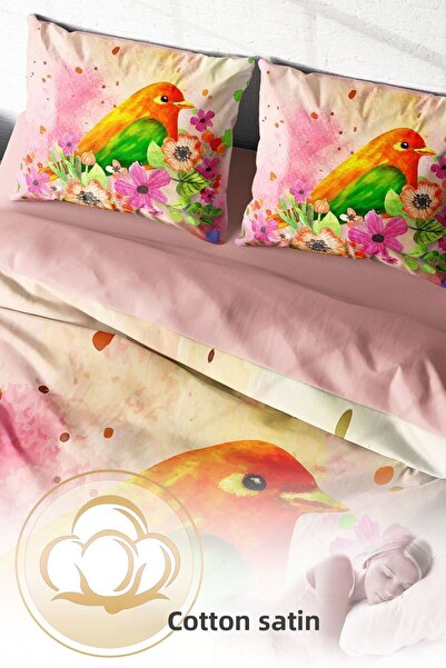 PerlaSera 3D Custom Design - Double Duvet Cover Set, Tight Woven Cotton Satin, Bird Nest Natural