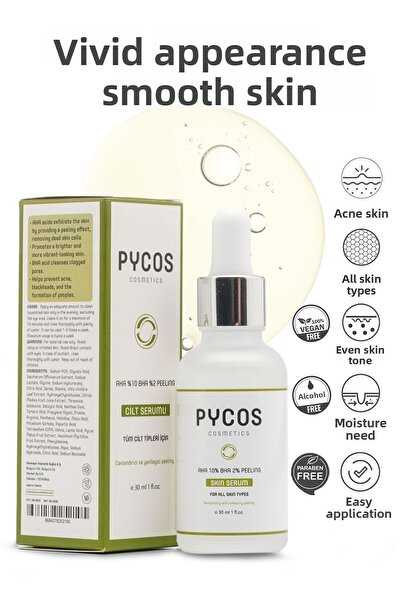 PYCOS COSMETICS Aha 10% Bha 2% تقشير منعش، معادل لون البشرة، مضاد للعيوب، مصل...