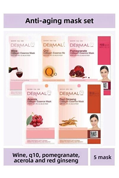 Dermal مجموعة قناع النبيذ Q10 المضاد للشيخوخة والرمان والهندباء والجينسينج ال...