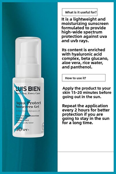 Luis Bien Aqua Sun Gel Spf 50+ Water Based Oil-Free Sun Gel 50 ml |   Under Makeup, Fast Absorption