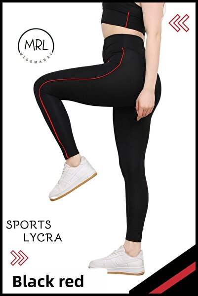missmaral Women's High Waist Recovery Sports Tights Black / Red Stripe Detailed Lycra Diver 1041