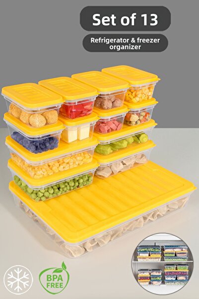 Meleni Home Set de 13 organizatoare galbene pentru frigider - Recipient pentru congelator pentru microunde, 1x2400ml 4x600ml 8x240ml