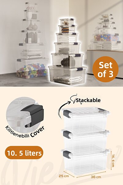 Vienev 3-Piece 10.5 Liter Storage and Storage Box with Lockable Lid 33114