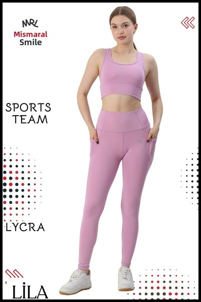 missmaral Women's Top and Bottom Set Fitness Pilates Running Athlete Slim Fit Leggings Double Pocket High Waist Lycra Lila 3065