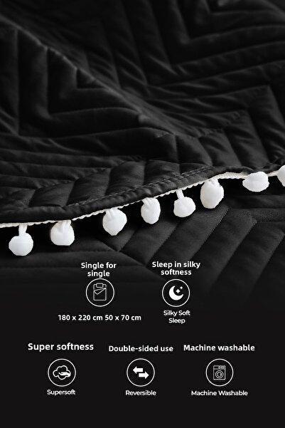 Evlen Home Collection 100% Cotton Single Quilted Bedspread Set with Pompoms Fiber Filled Pike Set Daily Black