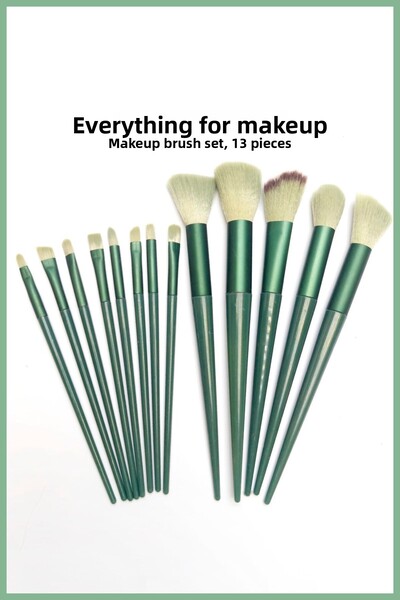 GXMPRO مجموعة فرش مكياج خضراء مكونة من 13 قطعة، خافي عيوب البشرة، أحمر الخدود، فرشاة البودرة السائبة، مجموعة فرش هايلايتر