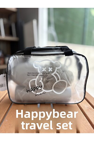 ARVALE Happy Bear Travel Set | Shower Loofah, Soap Dish, Comb with Transparent Organizer Bag
