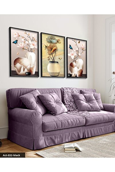 Evinemoda Flowers in a Vase 3 Pieces Black Wooden Framed Painting Act