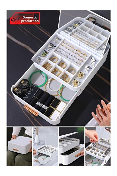 FAMU PAZARLAMA منظم مجوهرات مكياج متعدد الأقسام مع أدراج مرآة من منزل إلى منزل