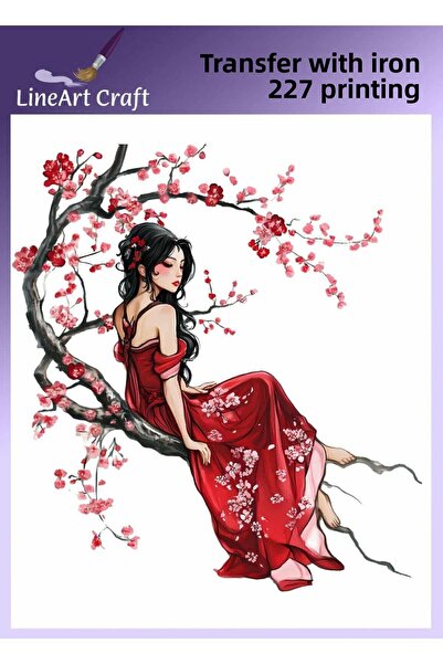 LİNEART Asian Woman in Dress Patterned Ironing Transfer Printing & Fabric Tra...