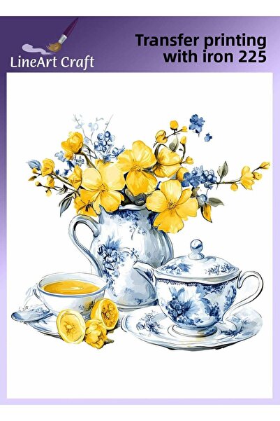 LİNEART Yellow Floral Teacup Pattern Iron-On Transfer Printing & Fabric Trans...