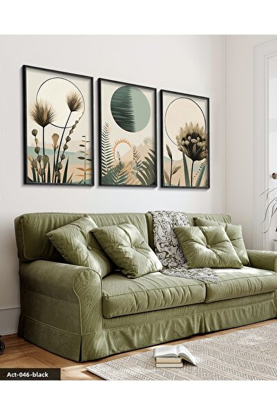 Evinemoda Бохо стил акварелен вид картина от 3 части в черна дървена рамка ACT