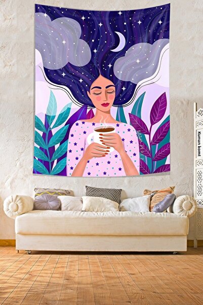 Pelangi فتاة تشرب القهوة على شكل قمر في شعرها، غطاء حائط من القماش المقاوم لل...
