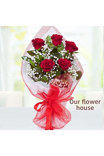 Bizim Çiçek Evi باقة ورد أحمر صناعي 5 قطع جيبسو أبيض