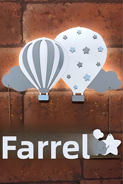 İnfigo Concept باب خشبي مضاء وزخرفة حائط للأطفال مع بالون - أزرق فاتح-رمادي