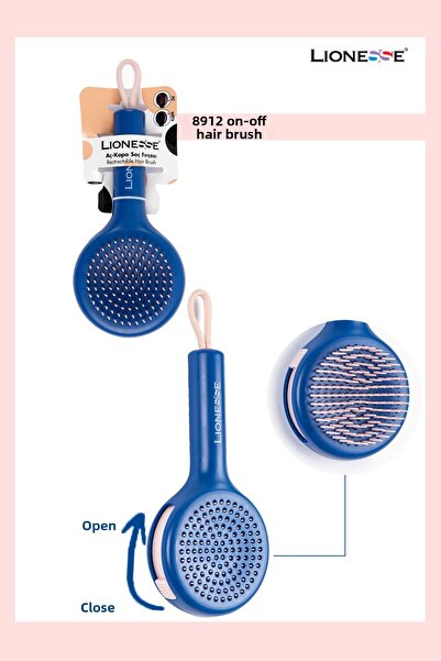 Lionesse Open-Close Self-Cleaning Hair Brush 8912 Blue |   Easy Cleaning, Ergonomic Design