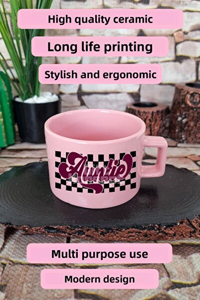 giftkonsept Auntie Printed Still Aunt Square Cup with Handle Pink Mug Cup