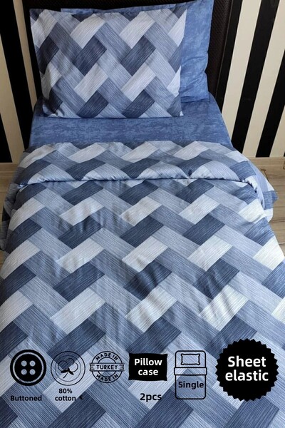 CANDAN ÇEYİZ Zigzag Blue Duvet Cover Set with Single Sheets, Elastic Cotton and 2 Pillowcases (Gift)