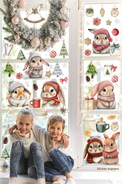 Sticker Ekspres مجموعة ملصقات حائط زجاجية لزينة عيد الميلاد على شكل أرانب لطي...