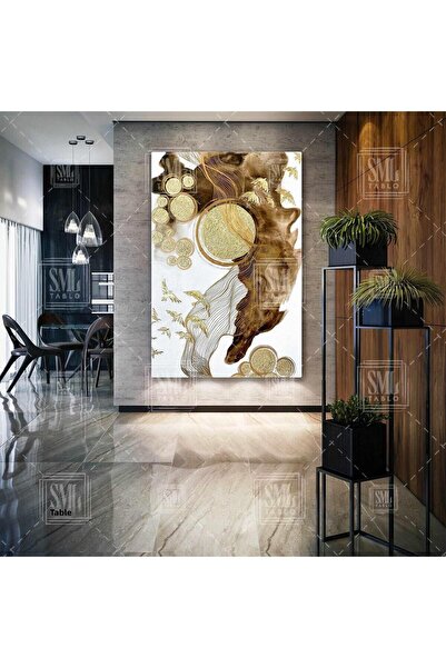 SML TABLO Pictură verticală pe pânză cu păsări și cercuri aurii