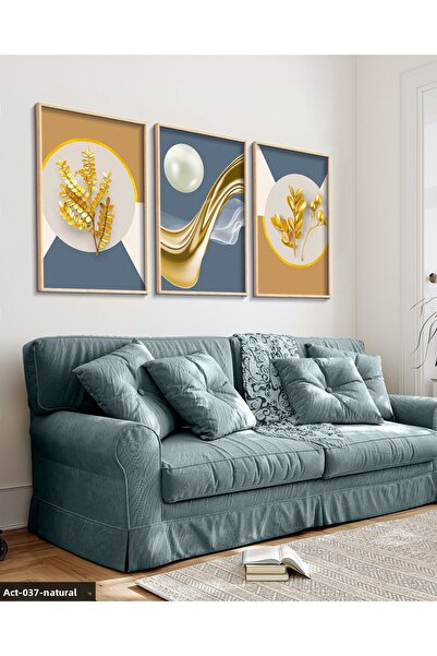 Evinemoda Gold Patterns Leaf Feather 3 Piece Wooden Framed Painting Act