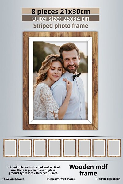 Bytwo 8 Pieces 21X30 Frame - Wooden-White Striped Frame - A4 Frame - Diploma Frame with Pvc