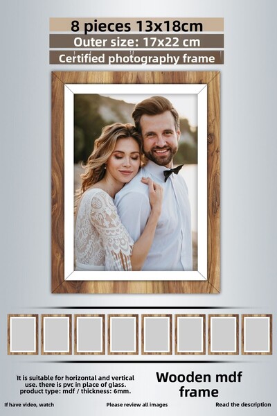 Bytwo 8 Pieces 13X18 Frame - Wooden-White Striped Frame - Mdf Frame - Pvc Photo Frame