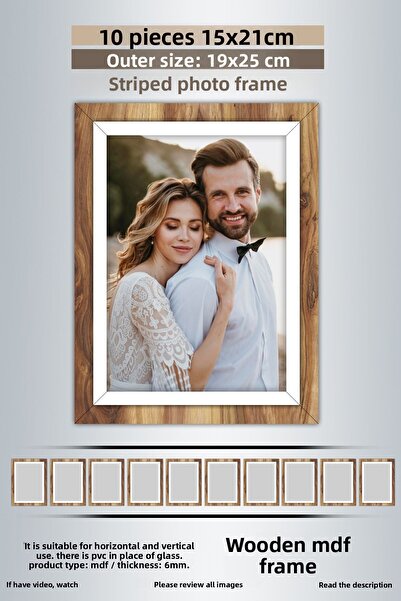 bymat 10 Pieces 15X21 Frame - Wooden-White Striped Frame - Mdf Frame - Pvc Photo Frame