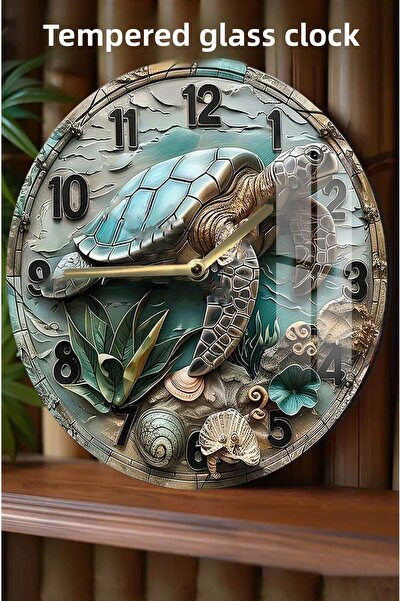 kutuTR ساعة من الزجاج المقسى بتصميم السلحفاة البحرية - 33x33 سم CSDW068