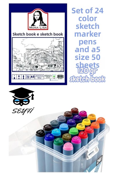 SEYFİKİRTASİYE حجم A5 50 ورقة 120 جرام كتاب رسم ومجموعة أقلام رسم 24 لونًا