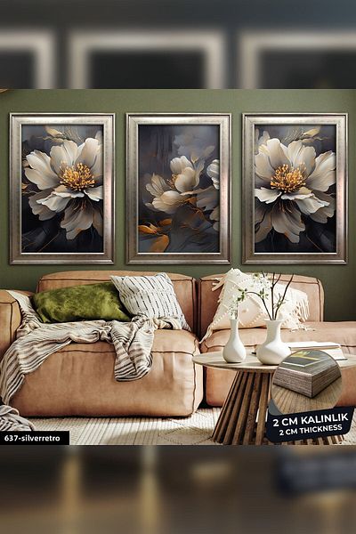 Evinemoda 3 Pieces Flowers Artistic Design Cvplk Framed Painting