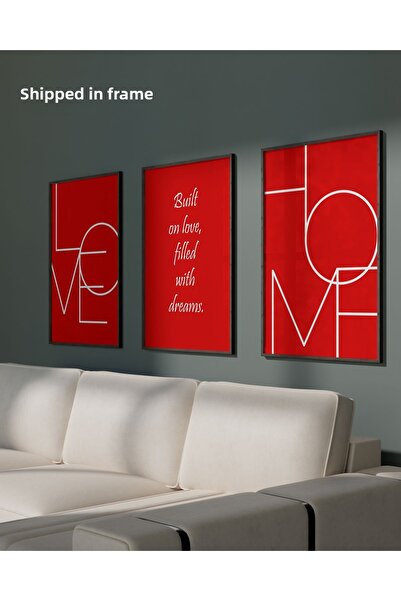 çınararthome LOVE & HOME Set de 3 tablouri cu afișe înrămate cu text roșu – D...