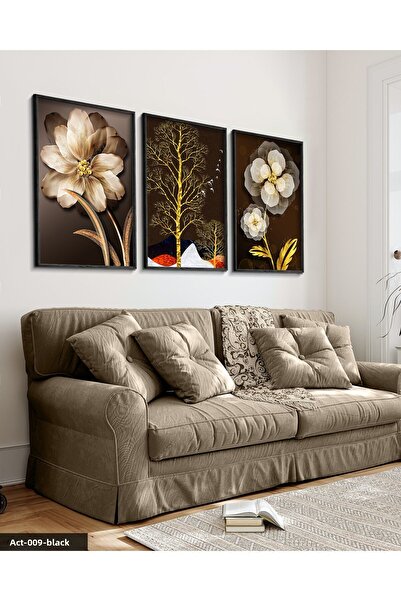 Evinemoda Flower Tree 3 Piece Black Wooden Framed Painting Act