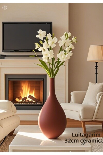 Lui Tasarım Vază înaltă din ceramică, realizată manual, culoare (teracotă), tendință scandinavă, decor din lemn de 32 cm