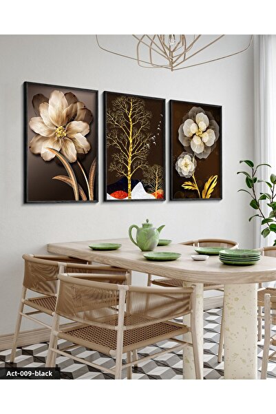 Evinemoda Flower Tree 3 Piece Black Wooden Framed Painting Act
