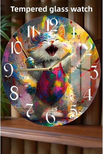 kutuTR ساعة من الزجاج المقوى بتصميم قطة الرسام ثلاثية الأبعاد - 33 سم CSDW116