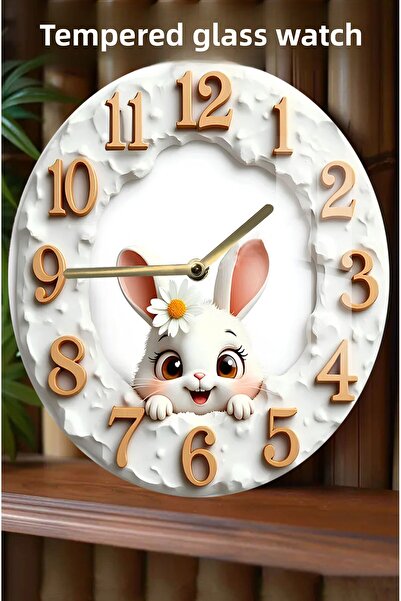 kutuTR ساعة من الزجاج المقوى بتصميم أرنب لطيف ثلاثي الأبعاد - 33 سم CSDW117