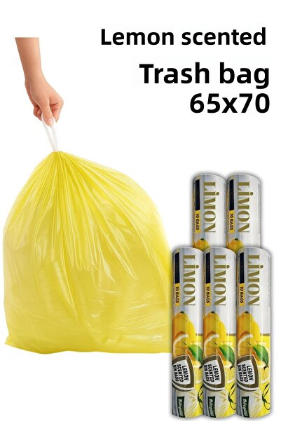 ARVALE كيس قمامة برباط برائحة الليمون مقاس كبير 65 × 70 50 قطعة (5 عبوات) كيس...