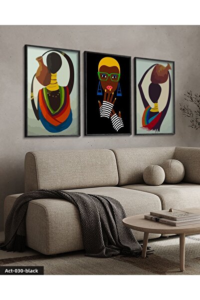 Evinemoda Ethnic African Women 3 Piece Black Wooden Framed Painting Act