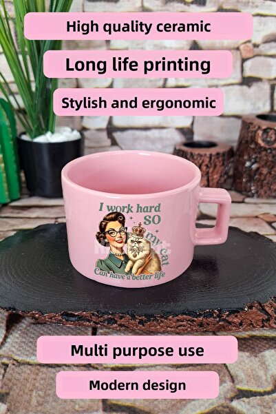 giftkonsept I Work Hard so My Cat Can Have a Better Life Themed Cat Square Cup with Handle Pink Mug Cup