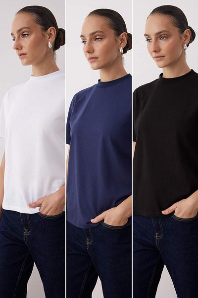 Trendyol Collection Black-White-Navy Blue 3-Pack 100% Cotton Regular/Regular Fit Stand Collar Knitted T-Shirt Twoaw26Ts00007