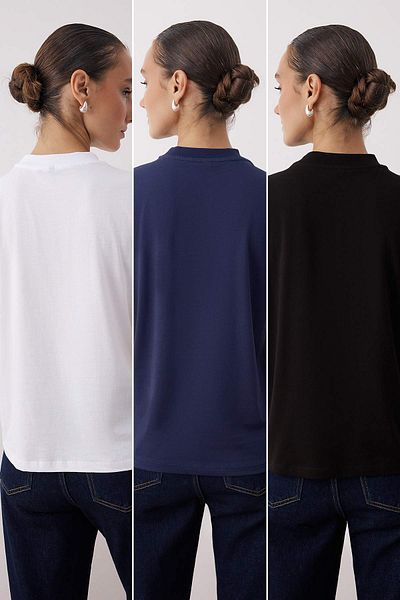 Trendyol Collection Black-White-Navy Blue 3-Pack 100% Cotton Regular/Regular Fit Stand Collar Knitted T-Shirt Twoaw26Ts00007