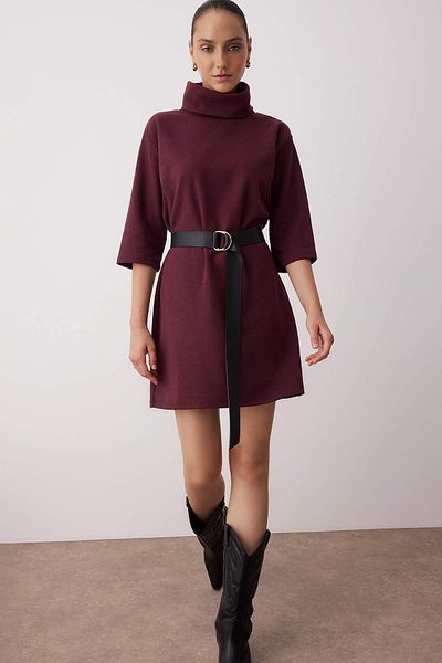 Trendyol Collection Plum Turtleneck Shift/Solid Mini Thessaloniki Long Sleeve Knitted Dress Twoaw20El1110