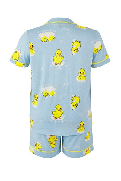 Trendyol Curve Μπλε 100% βαμβακερό σετ πιτζάμες με μοτίβο πάπιας με πλεκτό σορτς