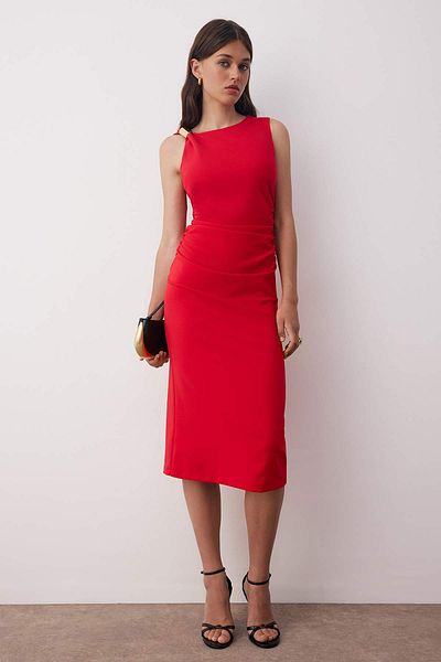 Trendyol Collection Red Straight Accessory Detailed Midi Woven Dress Twoaw26El00076