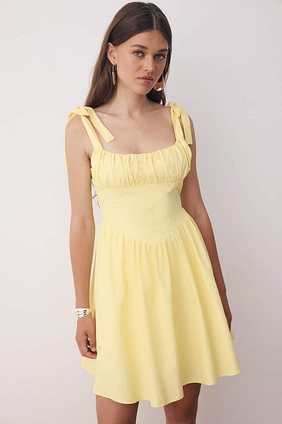 Trendyol Collection Light Yellow Collar Detail Bow Poplin Woven Dress Twoss25El00891