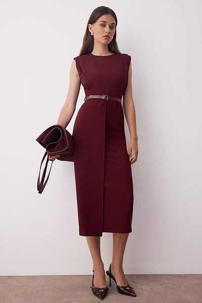 Trendyol Collection Burgundy Straight Midi Burgundy Belt Detail Woven Dress Twoaw26El00078 Woven Dress Twoaw26El00078
