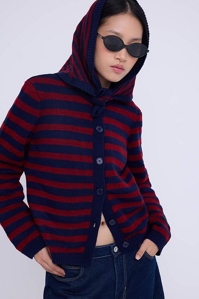 Trendyol Collection Teen Red Soft Textured Extra Wrap Striped Knitwear Cardigan Twoaw26Hi00135