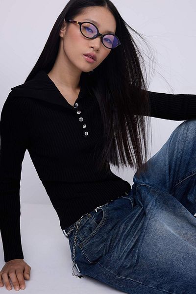 Trendyol Collection Teen Black Fitted/Slim Fit Sailor Collar Knitwear Sweater Twoaw26Kz00066