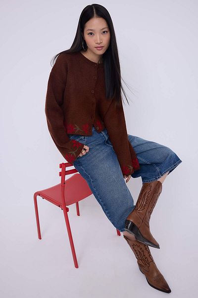 Trendyol Collection Teen Brown Soft Textured Floral Pattern Knitwear Cardigan Twoaw26Hi00152